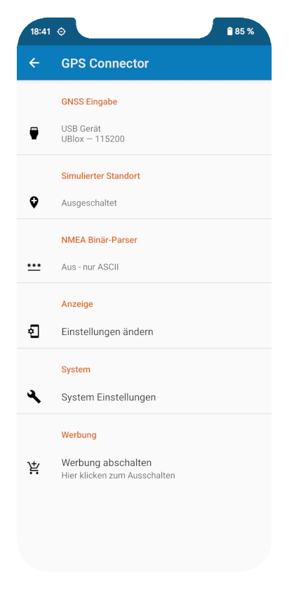 GPS-Connector Screen Settings